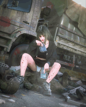 girl holding dual guns with dead people around here and she's wearing a skirt