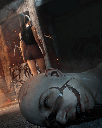 girl with her back on a dead robot head